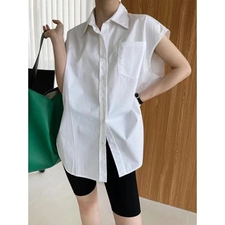 Cicishop(1162) เสื้อเชิ้ตแขนกุด oversize คอปก มีการะเป๋าหน้าผ้าคอตตอนเนื้อดี เก๋ๆ โคเรียมากเวอร์