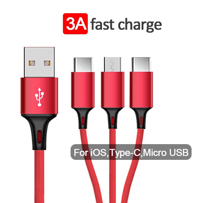 สายเคเบิ้ล USB 3 in 1 สำหรับ iOS Type C Micro USB 1.2 ม. / 3A