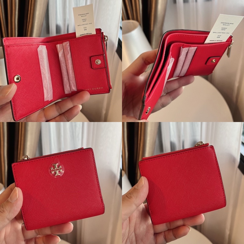 🎀 (สด-ผ่อน) กระเป๋าสตางค์ 2 พับ ใบสั้น สีแดงสด 52902 TORY BURCH EMERSON MINI WALLET  Brilliant Red