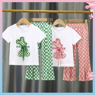 Girls suit 2022 new summer fashionable cartoon Mickey short-sleeved T-shirt ice silk wide-leg pants two-piece suit