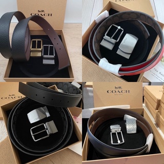 ของแท้100%⚡️พร้อมส่งที่ไทย🎊 Coach F22540 Boxed Harness Plaque Reversible Belt In Signature Canvasเซ็ทเข็มขัดชาย