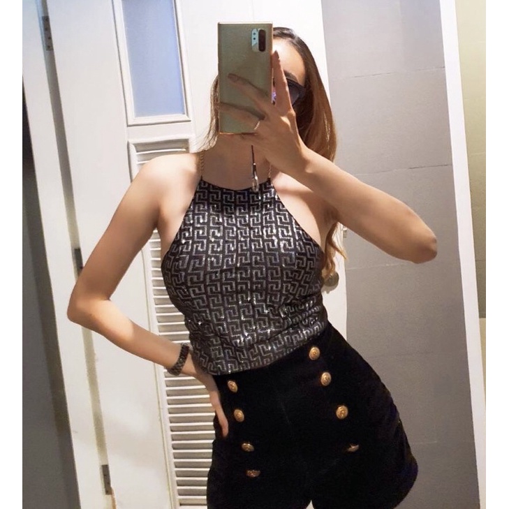 เสื้อ sexy เสื้อครอปสายเดี่ยว คอเต่า vsc สายโซ่ทองไขว้ ผูกโบว์หลัง เซ็กซี่