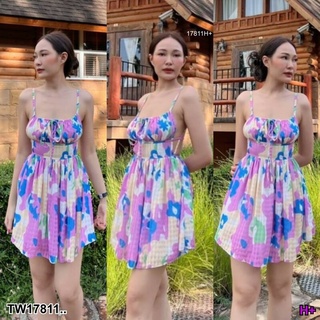 MM17811 เดรสสายเดี่ยวอกรูดเชือก พิมลาย Single strap dress. Drawstring. Printed pattern..