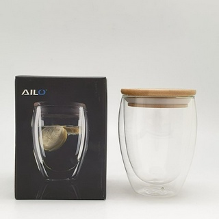 AILO แก้วใสสองชั้น พร้อมฝาไม้ปิด 350 ml.   XXL002