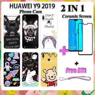 2 IN 1 เคสโทรศัพท์ HUAWEI Y9 2019 พร้อมกระจกนิรภัย เซรามิค ป้องกันหน้าจอ โค้ง ฟิล์มนิรภัย การ์ตูน