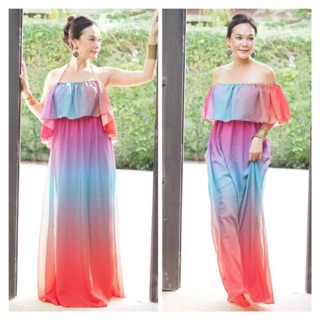 ชุดเดรสยาว ชีฟองไล่สี ใส่ได้ 4 แบบ มีทุกไชด์ หวานๆ ใส่สบาย