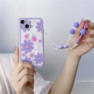 เคส OPPO Reno4 Reno5 Reno6Z R17 Pro A74 A31 A15s A52 A55 Purple Flower Soft TPU Clear Phone Case+Hand Strap เคสโทรศัพท์ แบบนุ่ม