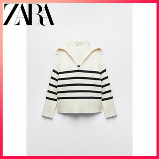 Zara เสื้อกันหนาว คอปกโปโล แขนยาว ผ้าถัก ลายทาง แฟชั่นฤดูใบไม้ร่วง สําหรับผู้หญิง