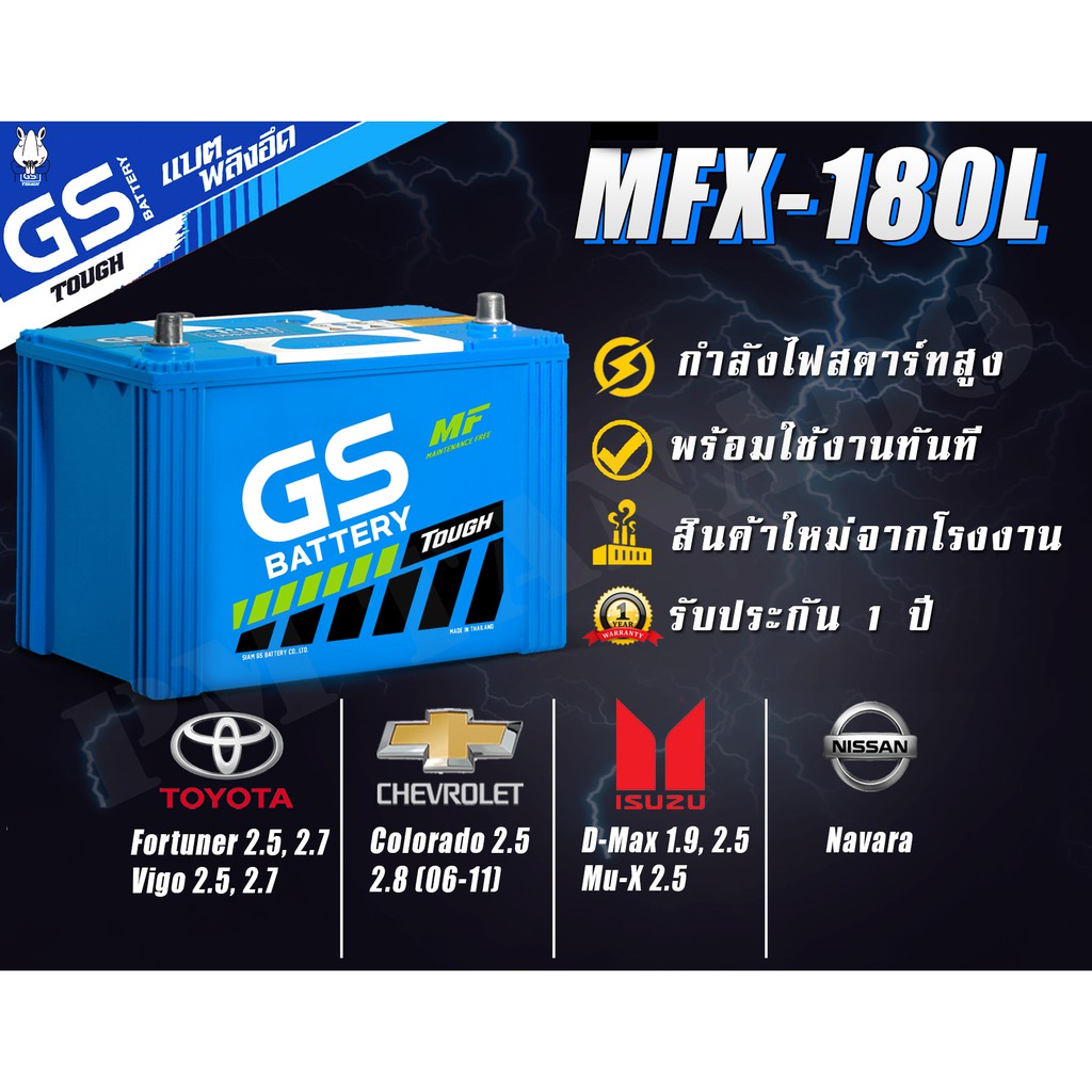 MFX-180L/R 85D31 GS Battery แบตเตอรี่รถยนต์ แท้ ใหม่เอี่ยม ไม่ต้องเติมน้ำ พร้อมใช้ MFX180 แบตรถกระบะ กึ่งแห้ง - 80 แอมป์