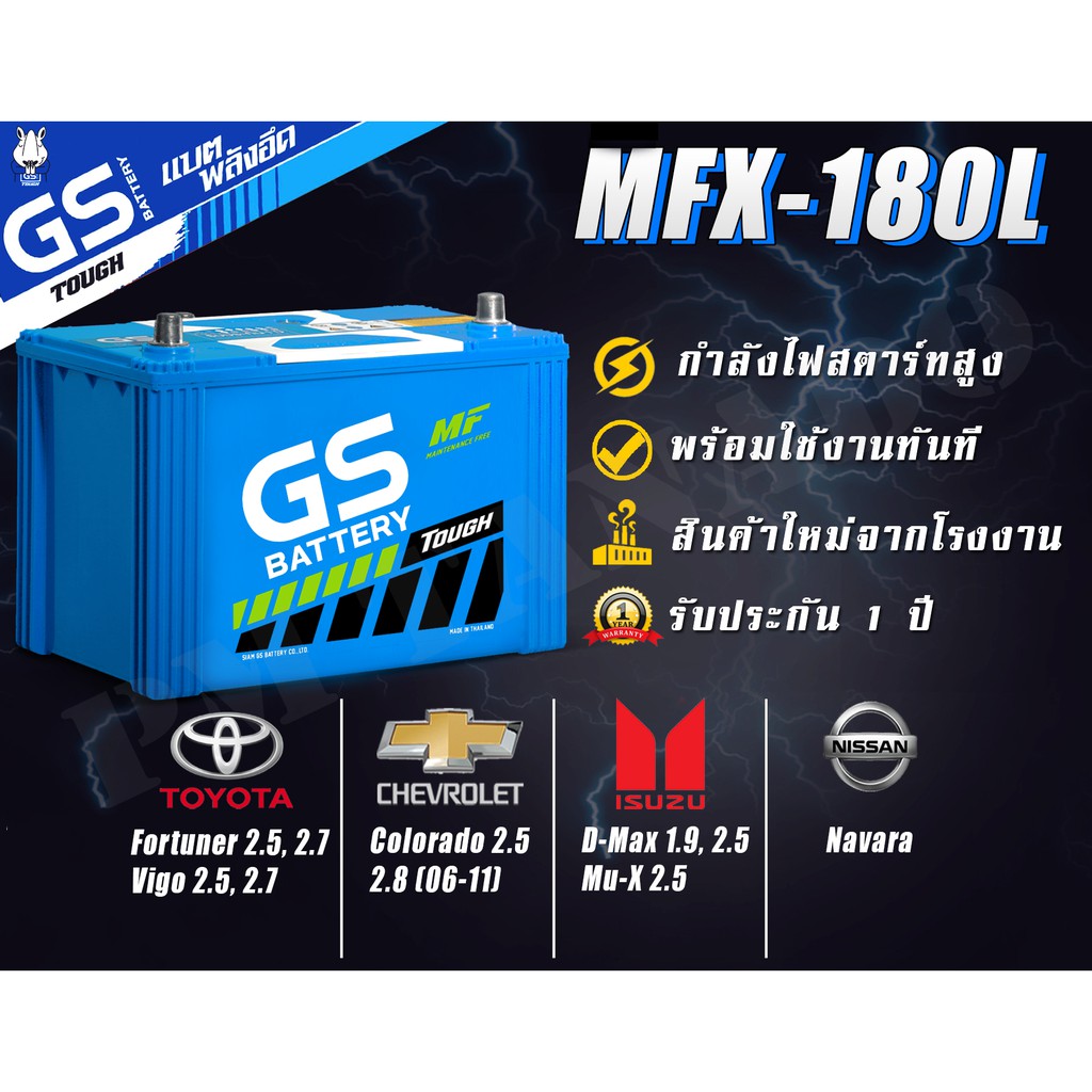 MFX-180L/R 85D31 80 แอมป์ GS Battery แบตเตอรี่รถยนต์ แท้ ใหม่ ไม่ต้องเติมน้ำ พร้อมใช้ MFX180 แบตรถกระบะ กึ่งแห้ง