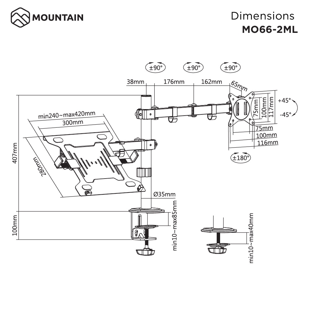 Mountain ขาตั้งจอคอม+ที่วางโน๊ตบุ๊ค แขนจับจอ ขาตั้งโน๊ตบุ๊ค รุ่น MO66-2ML (Steel Monitor Arm With Laptop Tray) - รูปที่ 7