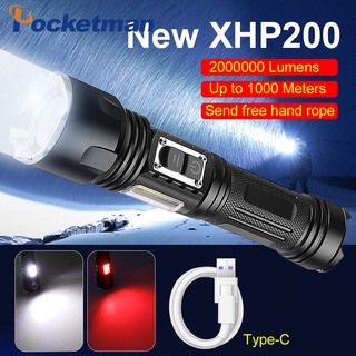 2000000Lm XHP200 ไฟฉาย LED สว่าง พร้อมไฟทํางาน COB 5000mAH Type-C ชาร์จ Usb ไฟฉายยุทธวิธี XHP50 ไฟฉายซูม