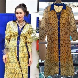 เดรสปกเชิ้ตลายหัวใจ งานป้ายypy สวยเกร๋ด้วยปก&amp;สาปสีน้ำเงินทั้งตัว