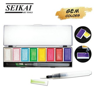 สีน้ำเค้ก สีมุก SEIKAI เนื้อสีแวววาว ระบายได้สวย ทั้งบนกระดาษสีขาวและสีดำ