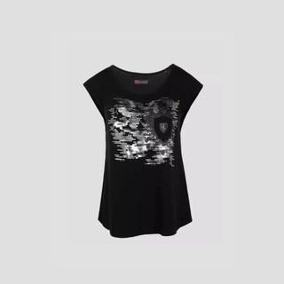 FERRARI เฟอร์รารี่ เสื้อยืดแขนสั้น รุ่น WOMEN CAP SLEEVE SCUDERIA SEQUIN T-SHIRT BLK