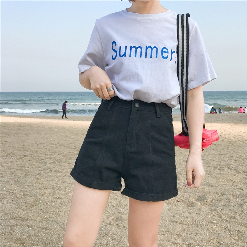 สต็อคพร้อม✨ สไตล์เกาหลี เอวสูงขอบหลวมสบายๆในฤดูใบไม้ผลิและฤดูร้อน 🔥 กางเกงยีนส์ขาสั้น 2018