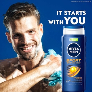 Nivea For Men Sport Refresh Shower Gel 500ml ผลิตภัณฑ์อาบน้ำทำความสะอาดผิวหน้าผิวกายและเส้นผมสำหรับผู้ชายจากต่างประเทศ