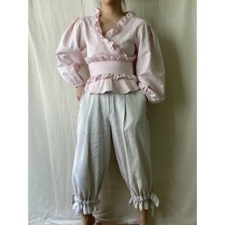 Wrap ruffle blouse with puff pants set