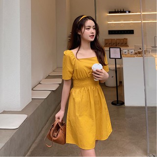 พร้อมส่ง  ชุดฝรั่งเศส คอเหลี่ยม ชุดเดรสสั้นเหนือเข่า ตรีมฝรั่งเศษ เรียบหรู ดูคุณหนูผู้ดี