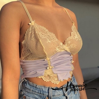 Only➢ เสื้อสายเดี่ยว ครอปท็อป คอวีลึก แต่งโบและลูกไม้สีม่วง สำหรับผู้หญิง