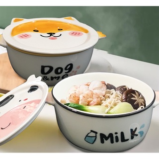 npk โถฝาเซรามิคลายการ์ตูน2หูขนาด5.5CM (คละลาย)Soup Noodle bowl Ceramic