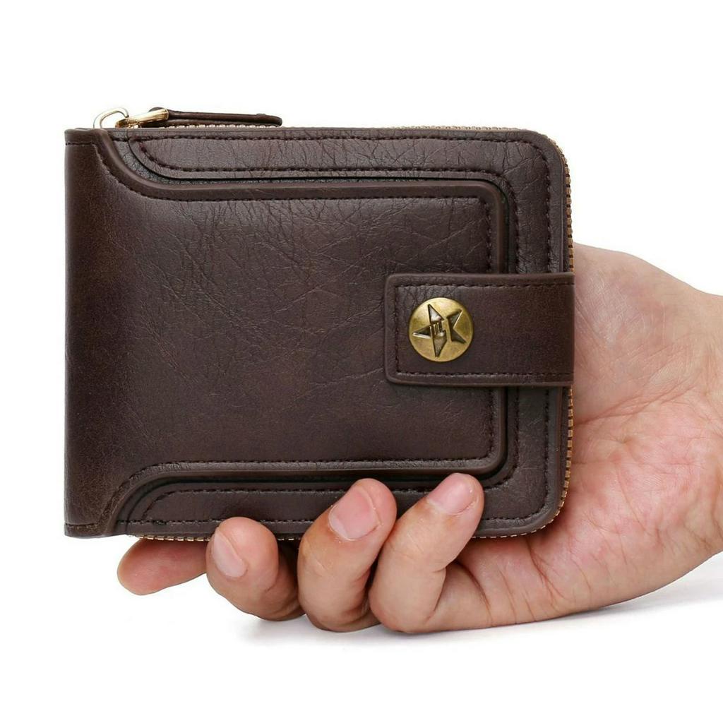 Vintage Men คุณภาพสูง PU หนังกระเป ๋ าสตางค ์ ขนาดเล ็ กสั ้ นแนวนอนซิปกระเป ๋ าเหรียญ Tri-fold Card กรณีกระเป ๋ า