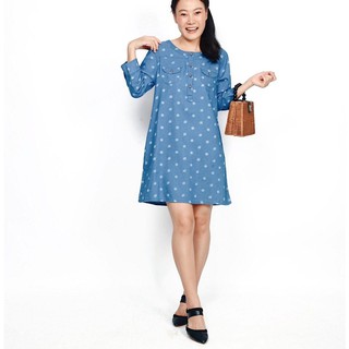 Ariezy Jane AJ-18068 ชุดกระโปรงยีนส์พิมพิ์ลายผึ้งคอปาดเจาะสาปหน้าแขน 3/4 ซักนุ่ม