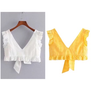 🕊 LACE CROP ✨ เสื้อลูกไม้ คอวี แต่งระบาย ซับในทั้งตัว