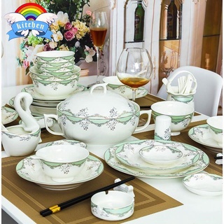 🌈ชุดจานใช้ในบ้าน Jingdezhen เซรามิกบนโต๊ะอาหารชุดกระดูกจีนชามจีนสไตล์ยุโรปจีนชามและตะเกียบรวมของขวัญ