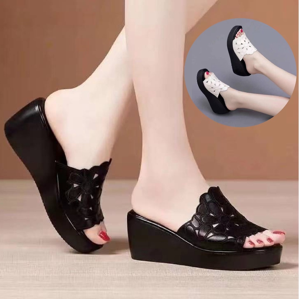 รองเท้าส้นตึกแบบสวม สายคาดดีไซน์ดอกไม้ เรียบหรู ดูดีมากๆ 2B2