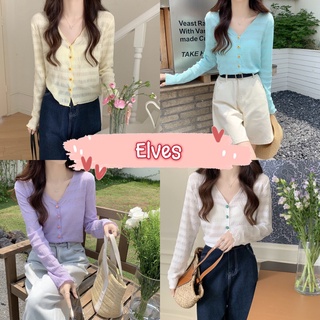 Elves✨พร้อมส่ง✨   เสื้อแขนยาวไหมพรม คอวี กระดุมด้านหน้า ซีทรูเบาๆ น่ารักๆ ~1880~ -C