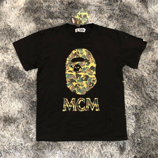 HH Hot-Sale Bape x M C M CAMO APE joint camouflage ape men and women same short-sleeved T-shirt คอกลม