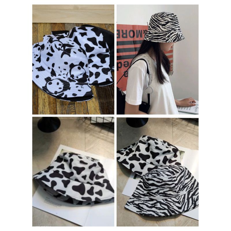 ฺB084 [พร้อมส่งจากไทย]หมวกบัคเก็ต หมวกบักเก็ต  ลายม้าลาย ลายวัว หมีแพนด้า ลายเสือ