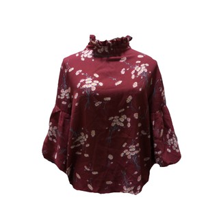 เสื้อสไตล์วินเทจสีแดงคอตั้งลายดอกไม้ รอบอก 37 นิ้ว