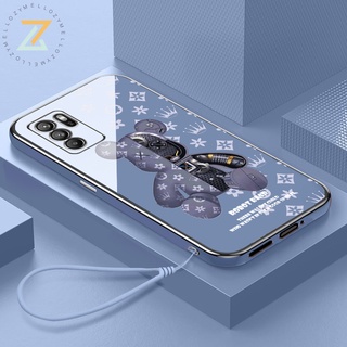 เคส OPPO Reno 6Z Reno 5 Reno 4 เคสโทรศัพท์ซิลิโคน 6D แบบชุบไฟฟ้าแฟชั่นน่ารักหมีสีน้ำตาลสายคล้องคอซิลิโคน