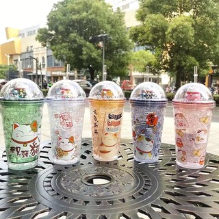 ถ้วยรูปแมวนำโชค แก้วน้ำแข็ง 450ml มาพร้อมกับหลอดฟรี สไตล์แมวนำโชค Ice Lucky Cat Tumbler Cup With Free Straw