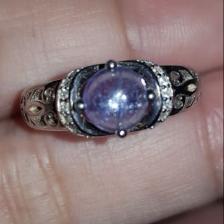 แหวนเงินแท้ชุบทองขาว แทนซาไนซ์แท้ (Natural tanzanite ring) Size 6.5