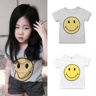 เสื้อยืดลําลองสําหรับเด็กผู้ชายผ้าฝ้ายแขนสั้นพิมพ์ลาย Smiley Face