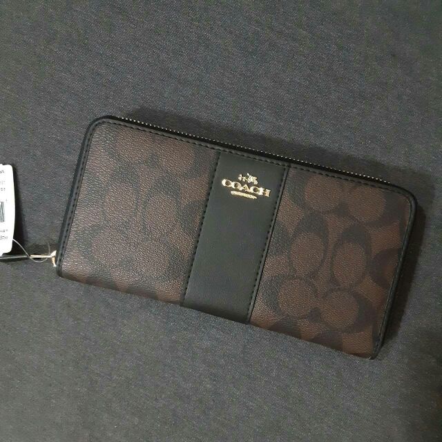 COACH F54630 ACCORDION ZIP WALLET IN SIGNATURE COATED CANVAS WITH LEATHER STRIPEแท้💯outlet
