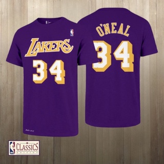 เสื้อยืดผ้าฝ้ายพิมพ์ลายแฟชั่นเสื้อยืดแขนสั้น พิมพ์ลาย NBA CLASSIC LAKERS 34 สีม่วง