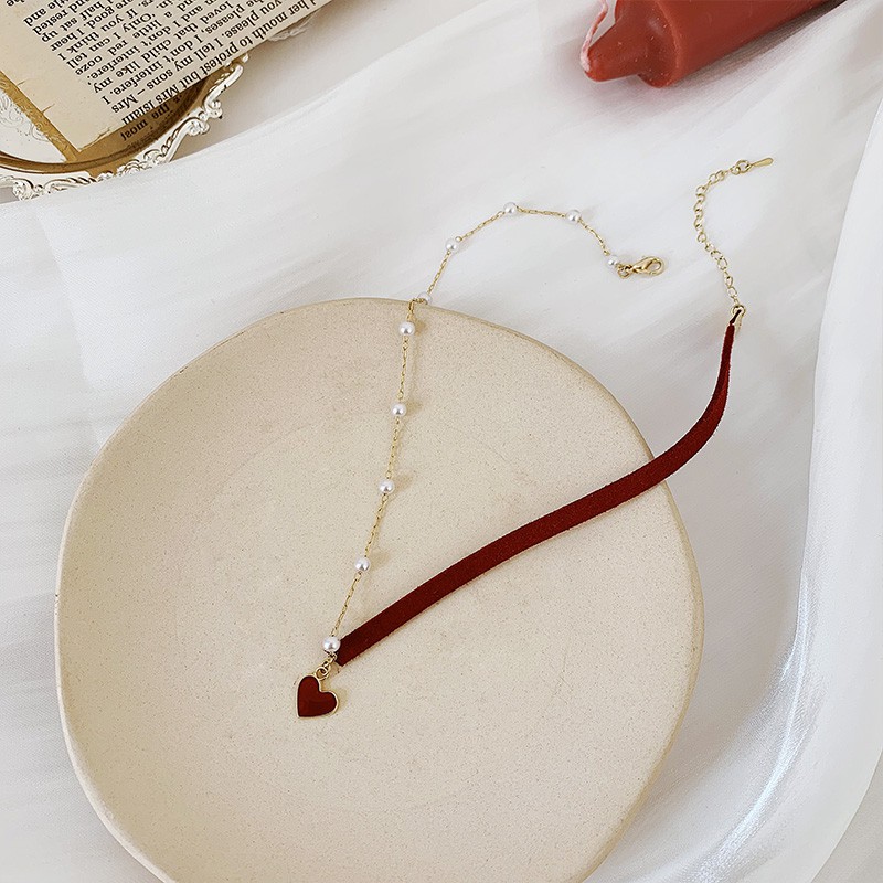 Small red heart pearl string stitching necklace fashion simple clavicle ...