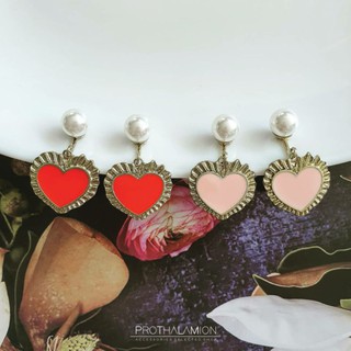 Cute Pink Red Heart with Pearl Gold Clip Earrings : ต่างหู ตุ้มหู หนีบ สีทอง หัวใจ แดง ชมพู ประดับ มุก