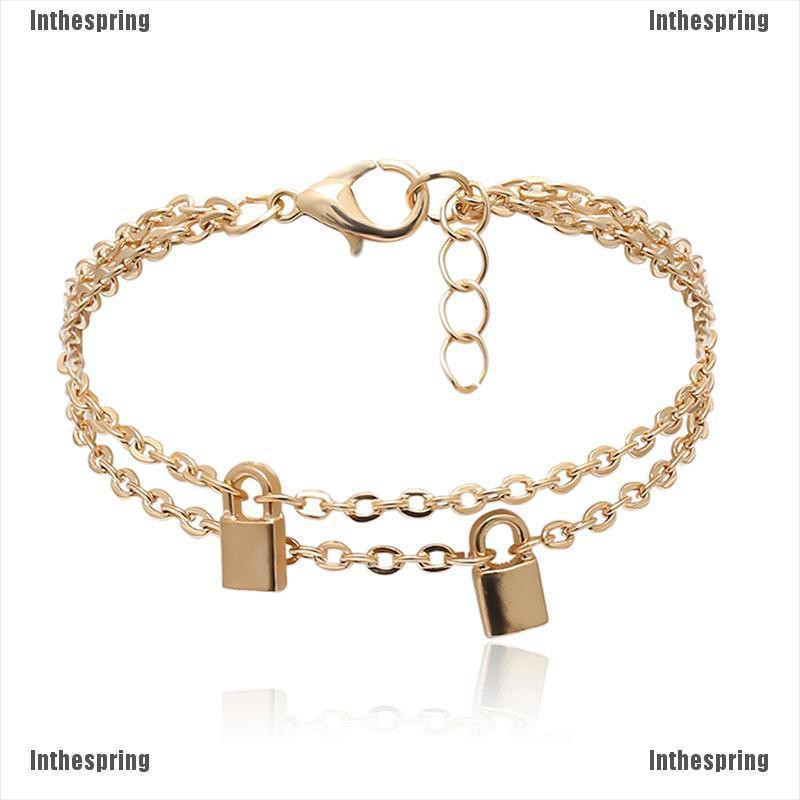 Inthespring 2Pcs/Set Padlock Pendant Lock Charm Bracelet Women Link ...