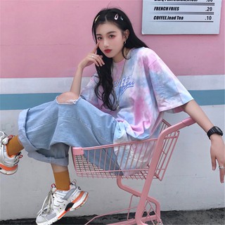 เสื้อยืด Oversize แขนสั้นมัดย้อมลายการตูน เสื้อยืดผ้าฝ้าย เสื้อมัดย้อม แขนสั้น สไตล์ฮิปฮอป แบบหลวม ๆ เวอร์ชั่นเกาหลี