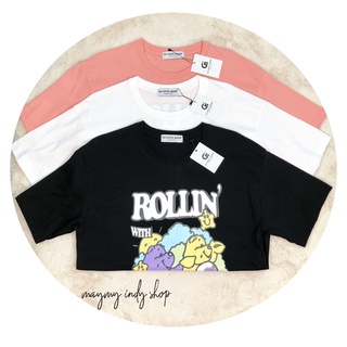 ✨พร้อมส่ง✨เสื้อยืดคอกลมคอตตอนสกรีนลายหมีRollin