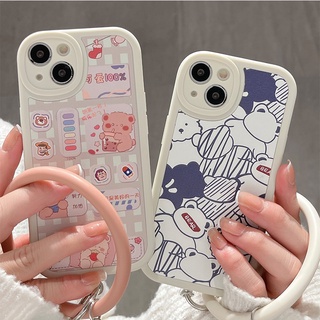 เคสโทรศัพท์มือถือหนัง ลายหมีน่ารัก พร้อมสายคล้องมือ สําหรับ Vivo V23 5G V23E Y75 5G X50 X60 X70 V2043 V2026 V2027 V2029 1901 1902 1904 1906 1935 1938 Y01 Y01A T1X Y21A Y66 Y67 V5S V5 lite