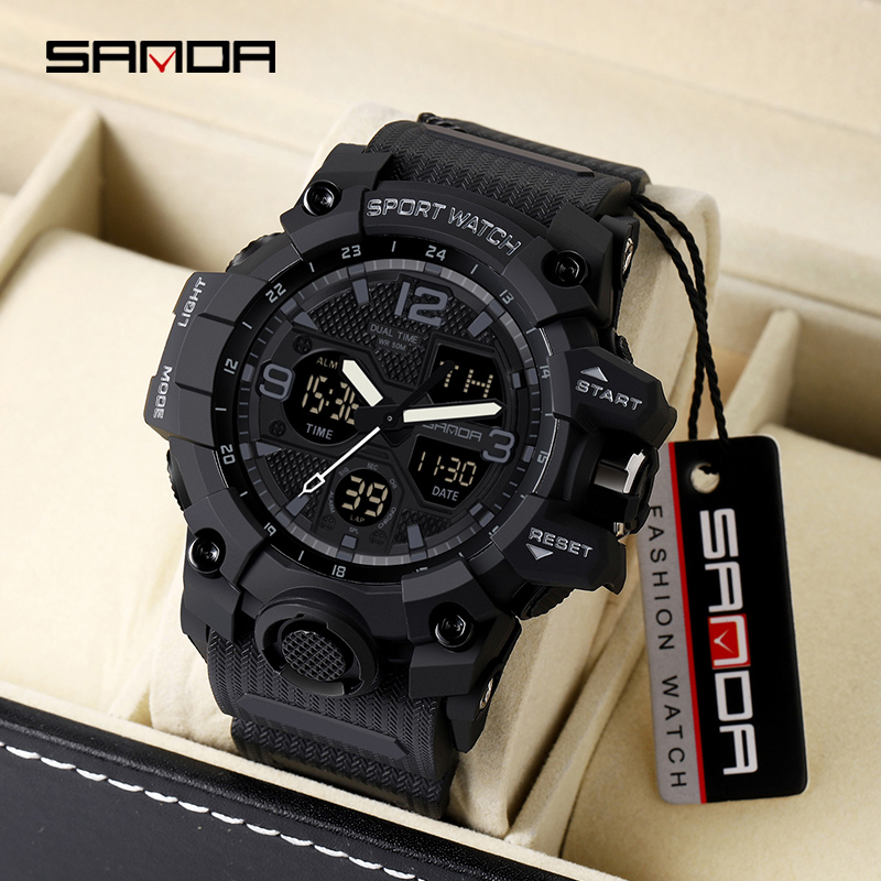 นาฬิกาข้อมือผู้ชายกันน้ำ SANDA นาฬิกาสปอร์ตแฟชั่นส่องสว่างสุดหรู LED Outdoor Analog Military Multi-function Men Watch