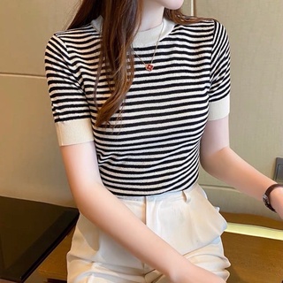 Ey_shop688#พร้อมส่ง6911/BA✨#เสื้อแฟชั่นลายทางแขนสั้น #เสื้อผ้าไหมพรมคอกลมมีหลายสี💗