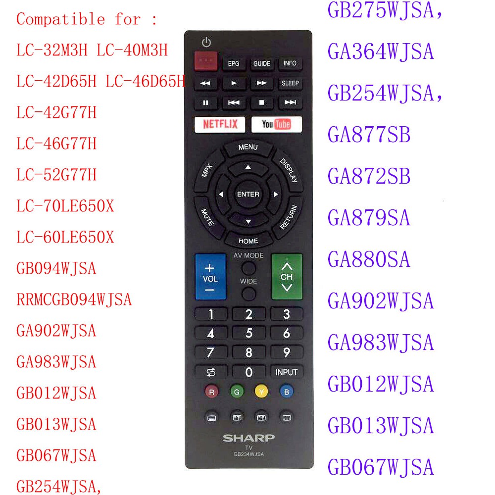 Sharp LCD LED SMART TV รีโมทคอนโทรล GB234WJSA ใช้งานร่วมกับ GA877SB GA872SB GA879SA GA880SA GA902WJSA GA983WJSA GB012WJ GB012WJSA GB275WJSA,GA364SA