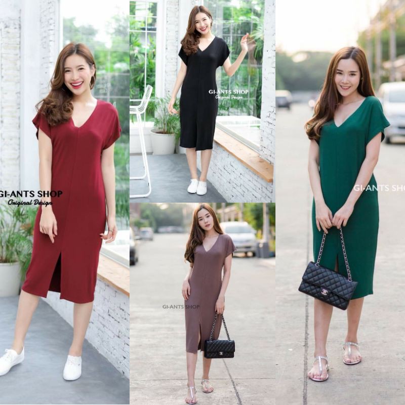 พร้อมจัดส่ง GIANTS เดรสคอวีผ่าหน้า ผ้าเรย่อนเนื้อดีใส่สวยมากคะ D11